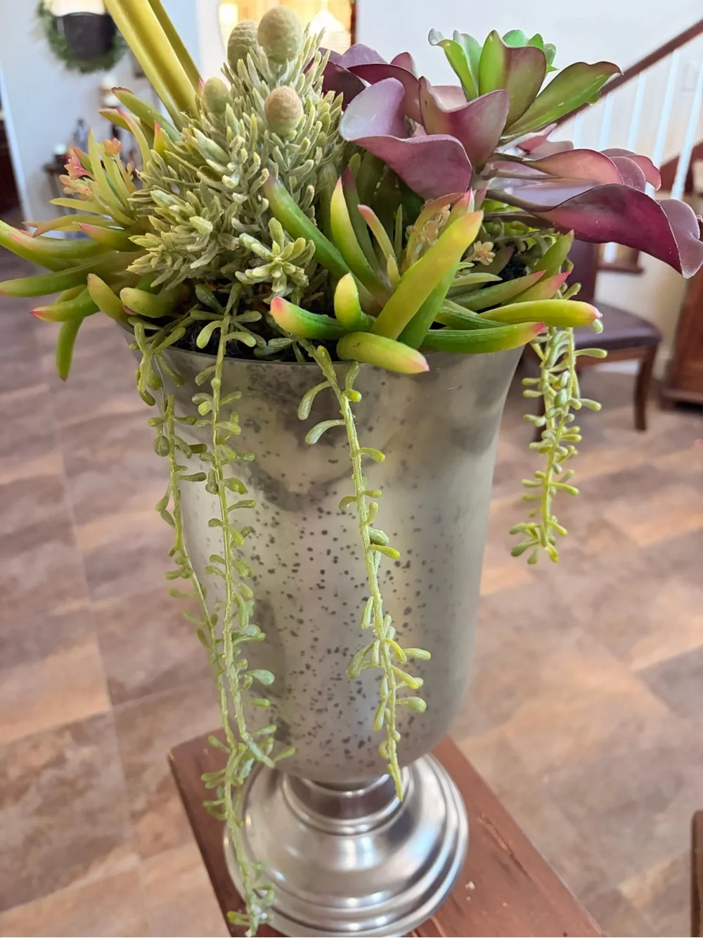Metallic Silver Decorative Urn Vase with Green Succulent Accents